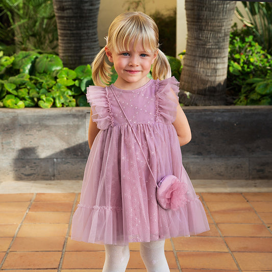 Dave&Bella Toddler Girls Summer Grey Purple Mesh Flutter Sleeve Dress (wallet bag)