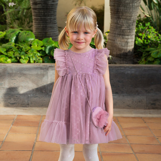 Dave&Bella Toddler Girls Summer Grey Purple Mesh Flutter Sleeve Dress (wallet bag)
