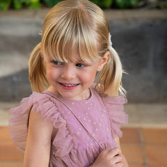 Dave&Bella Toddler Girls Summer Grey Purple Mesh Flutter Sleeve Dress (wallet bag)