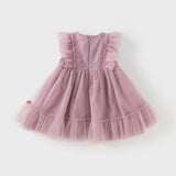 Dave&Bella Toddler Girls Summer Grey Purple Mesh Flutter Sleeve Dress (wallet bag)