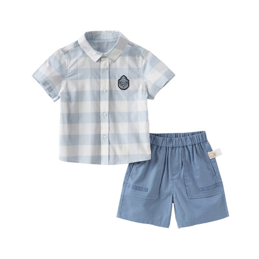 Dave&Bella Kids Boys Summer Blue Plaid College-style Shirt Short Sets
