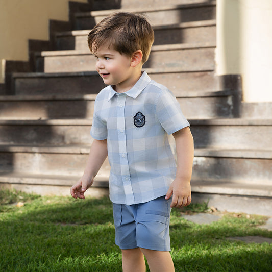 Dave&Bella Kids Boys Summer Blue Plaid College-style Shirt Short Sets