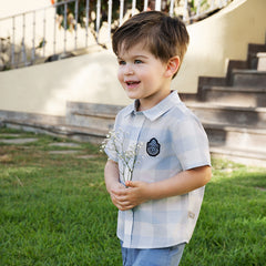 Dave&Bella Kids Boys Summer Blue Plaid College-style Shirt Short Sets