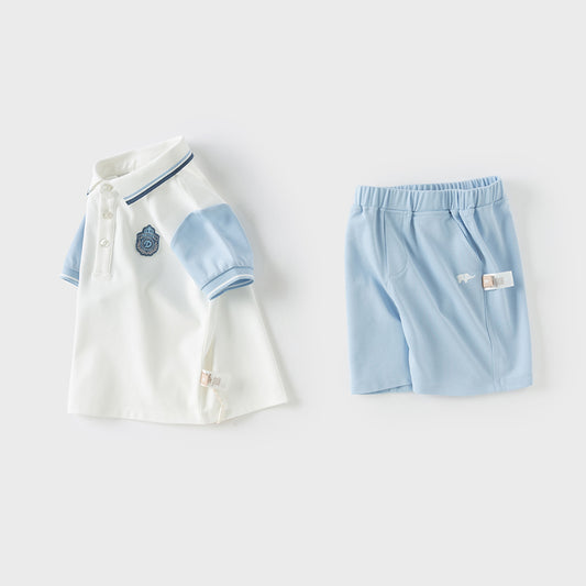 Dave&Bella Boys Summer Leisure Blue  Antimicrobial Coolness Polo T-shirt Short Pant Set