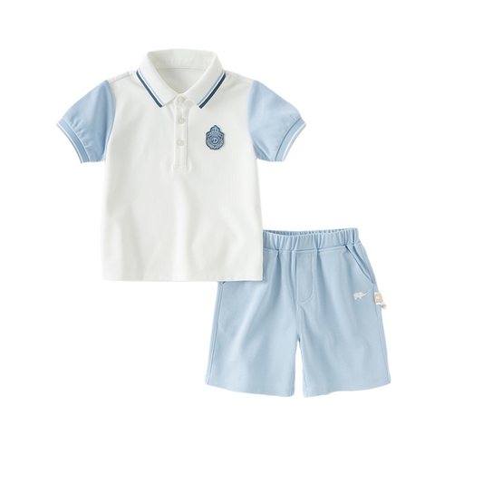 Dave&Bella Boys Summer Leisure Blue  Antimicrobial Coolness Polo T-shirt Short Pant Set