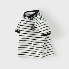 Dave&Bella Kids Boys Summer Black White Striped College-style Short-sleeved Polos
