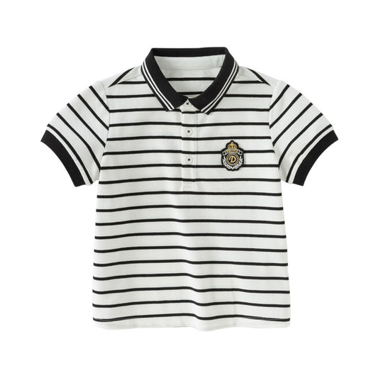 Dave&Bella Kids Boys Summer Black White Striped College-style Short-sleeved Polos
