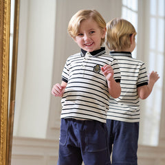 Dave&Bella Kids Boys Summer Black White Striped College-style Short-sleeved Polos