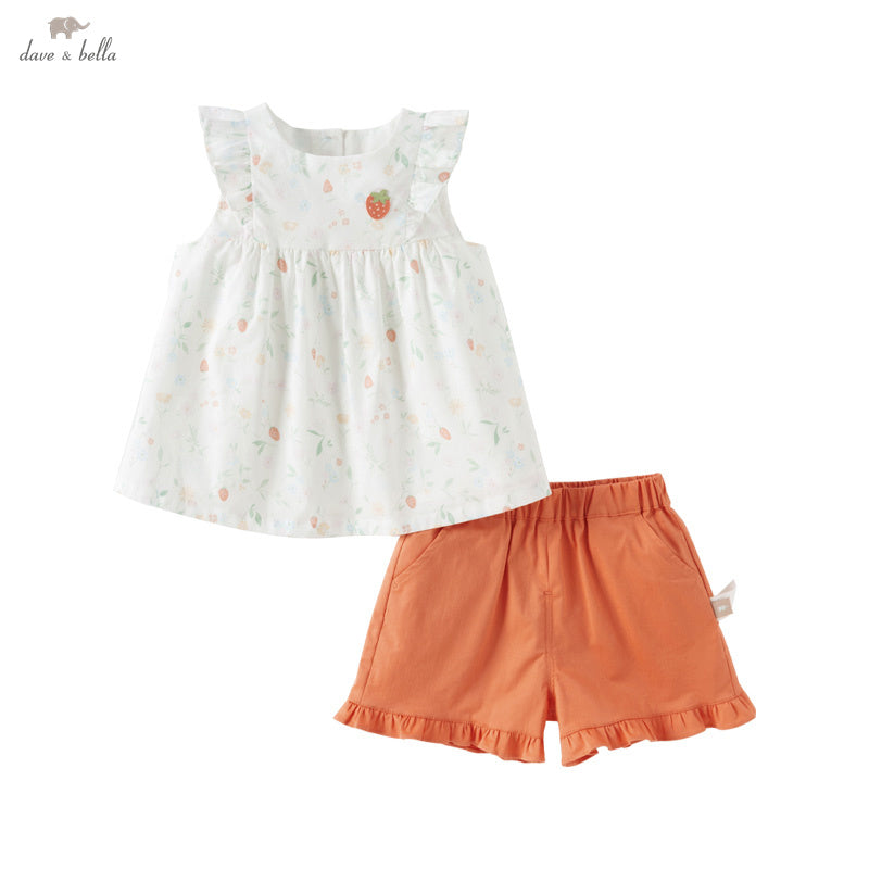 Dave&Bella Girls Summer Cotton Floral Print Sleeveless T-shirt Short Pant Set