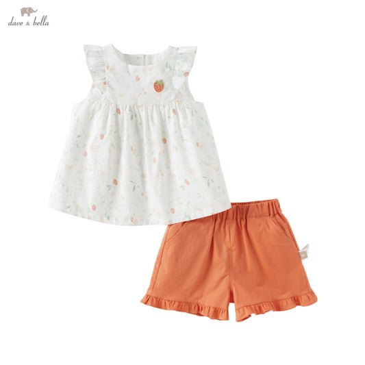 Dave&Bella Girls Summer Cotton Floral Print Sleeveless T-shirt Short Pant Set