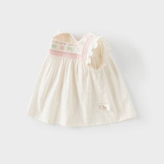 Dave&Bella Girls Summer Cotton Milk Yellow Thin Flower Embroidery Baby T-shirt