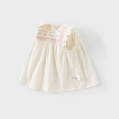 Dave&Bella Girls Summer Cotton Milk Yellow Thin Flower Embroidery Baby T-shirt
