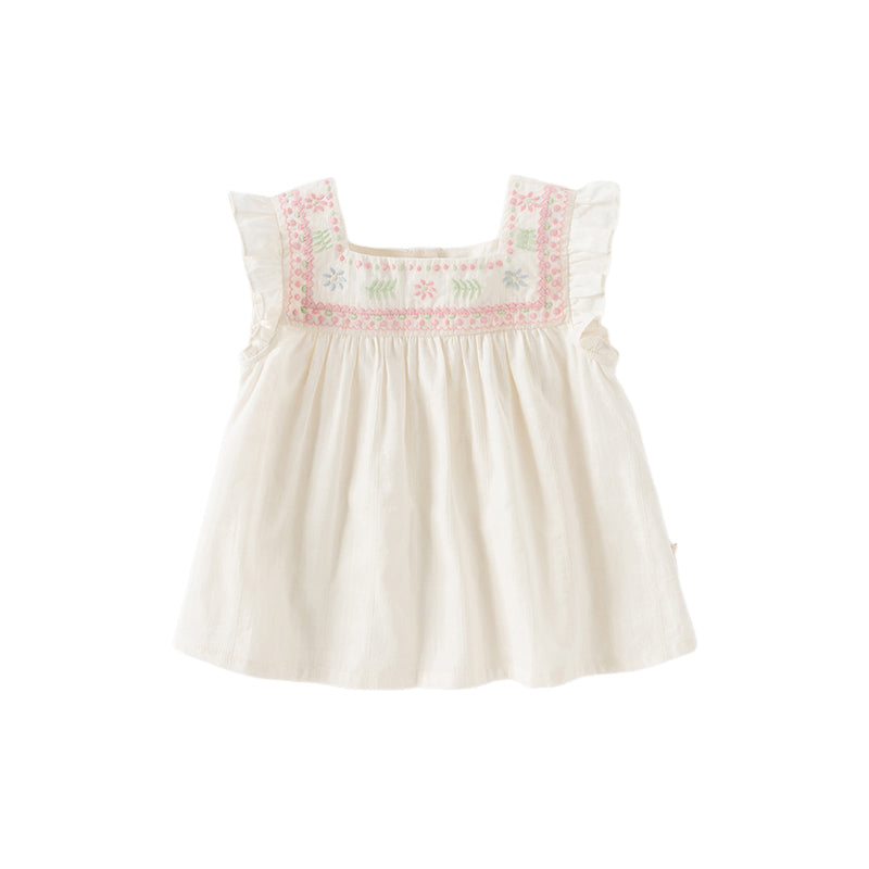 Dave&Bella Girls Summer Cotton Milk Yellow Thin Flower Embroidery Baby T-shirt