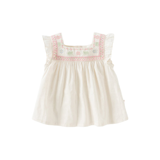 Dave&Bella Girls Summer Cotton Milk Yellow Thin Flower Embroidery Baby T-shirt
