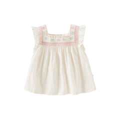Dave&Bella Girls Summer Cotton Milk Yellow Thin Flower Embroidery Baby T-shirt