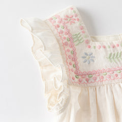 Dave&Bella Girls Summer Cotton Milk Yellow Thin Flower Embroidery Baby T-shirt
