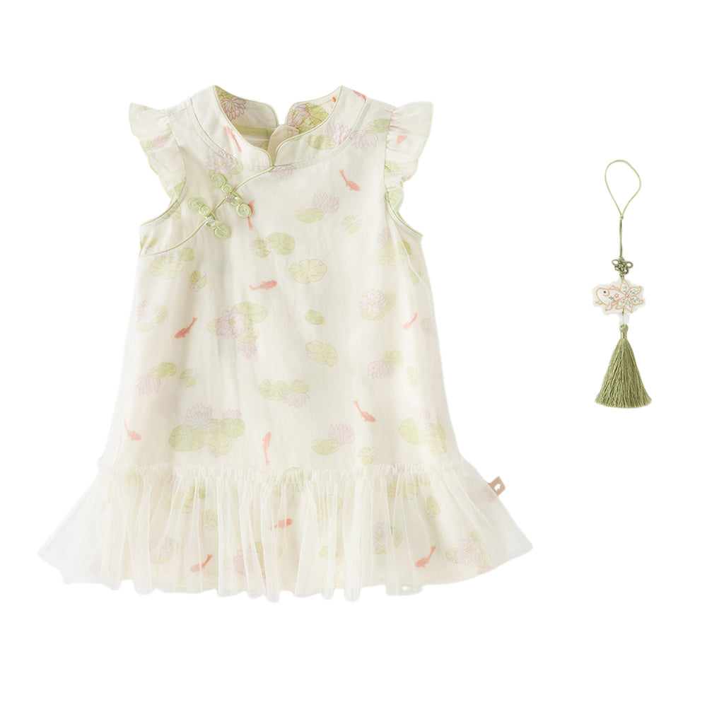 Dave&Bella Toddler Girls Summer Green Floral Print Chinese-style Casual Party Mesh Dress