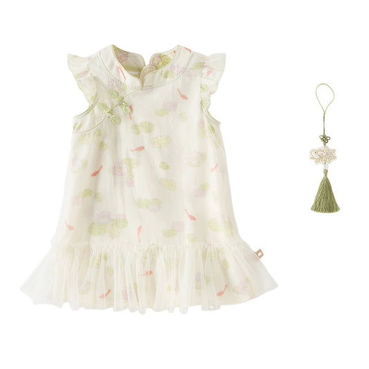 Dave&Bella Toddler Girls Summer Green Floral Print Chinese-style Casual Party Mesh Dress