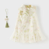Dave&Bella Toddler Girls Summer Green Floral Print Chinese-style Casual Party Mesh Dress