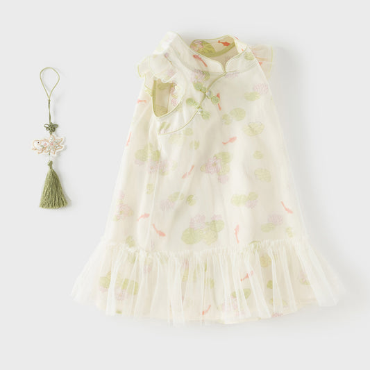 Dave&Bella Toddler Girls Summer Green Floral Print Chinese-style Casual Party Mesh Dress