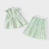 Dave&Bella Toddler Girls Summer Elegant Grey Green Chinese-style A-line Mesh Skirt Set