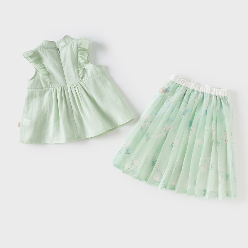 Dave&Bella Toddler Girls Summer Elegant Grey Green Chinese-style A-line Mesh Skirt Set