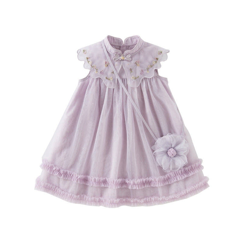 Dave&Bella Girls Summer Pretty Sleeveless Grey Purple Flower Mesh Dress (wallet bag)