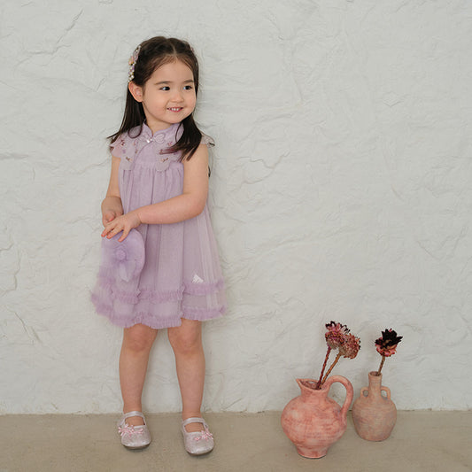Dave&Bella Kids Girls Summer Pretty Sleeveless Grey Purple Flower Mesh Dress (wallet bag)