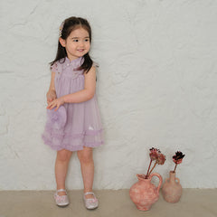 Dave&Bella Kids Girls Summer Pretty Sleeveless Grey Purple Flower Mesh Dress (wallet bag)