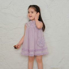 Dave&Bella Kids Girls Summer Pretty Sleeveless Grey Purple Flower Mesh Dress (wallet bag)