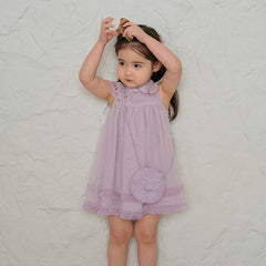 Dave&Bella Kids Girls Summer Pretty Sleeveless Grey Purple Flower Mesh Dress (wallet bag)