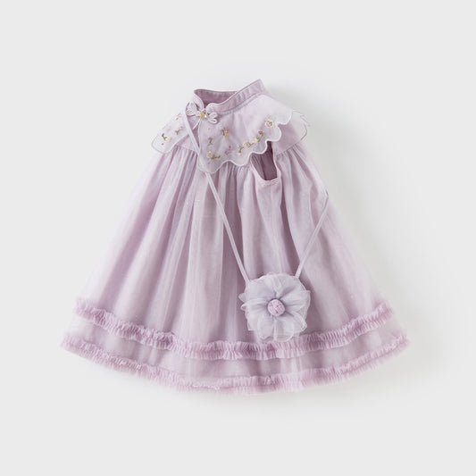 Dave&Bella Kids Girls Summer Pretty Sleeveless Grey Purple Flower Mesh Dress (wallet bag)