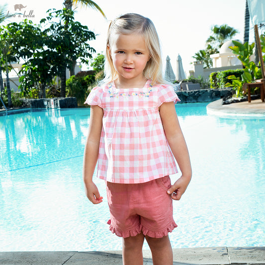 Dave&Bella Girls Summer Pink White Plaid Top Shorts Set