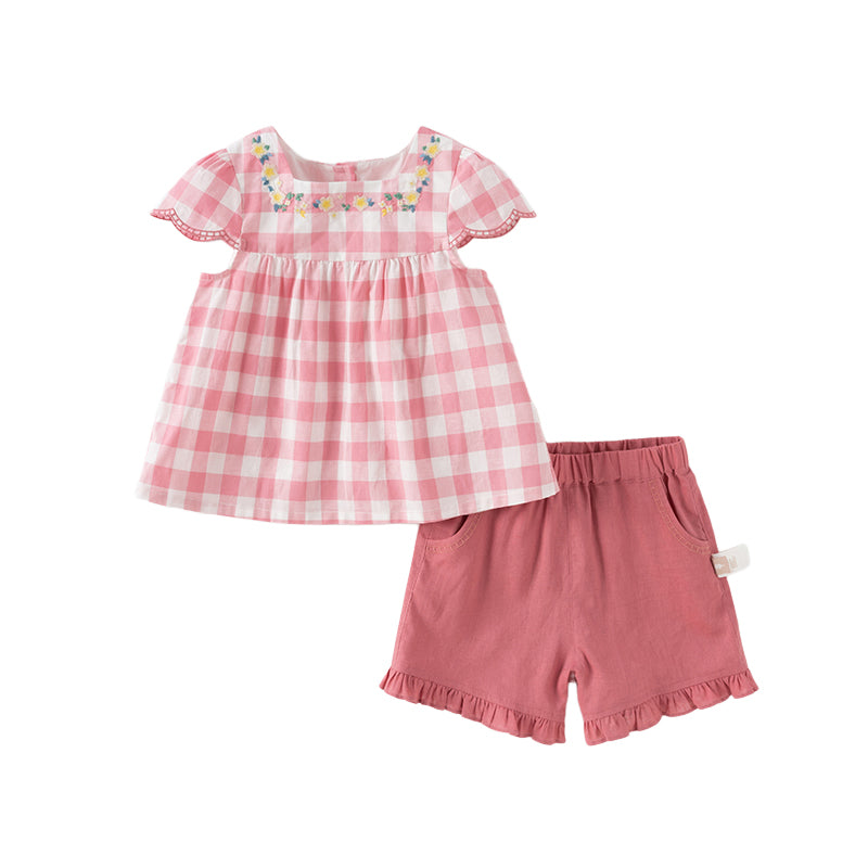 Dave&Bella Girls Summer Pink White Plaid Top Shorts Set