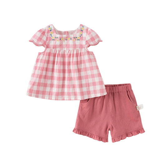 Dave&Bella Girls Summer Pink White Plaid Top Shorts Set