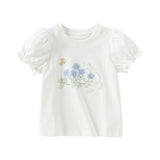 Dave&Bella Toddler Girls Summer Cute White Flower Print Breathable Cotton T-shirt Tops
