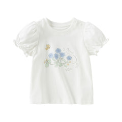 Dave&Bella Toddler Girls Summer Cute White Flower Print Breathable Cotton T-shirt Tops