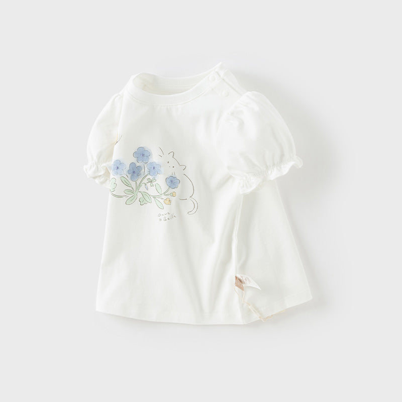 Dave&Bella Toddler Girls Summer Cute White Flower Print Breathable Cotton T-shirt Tops