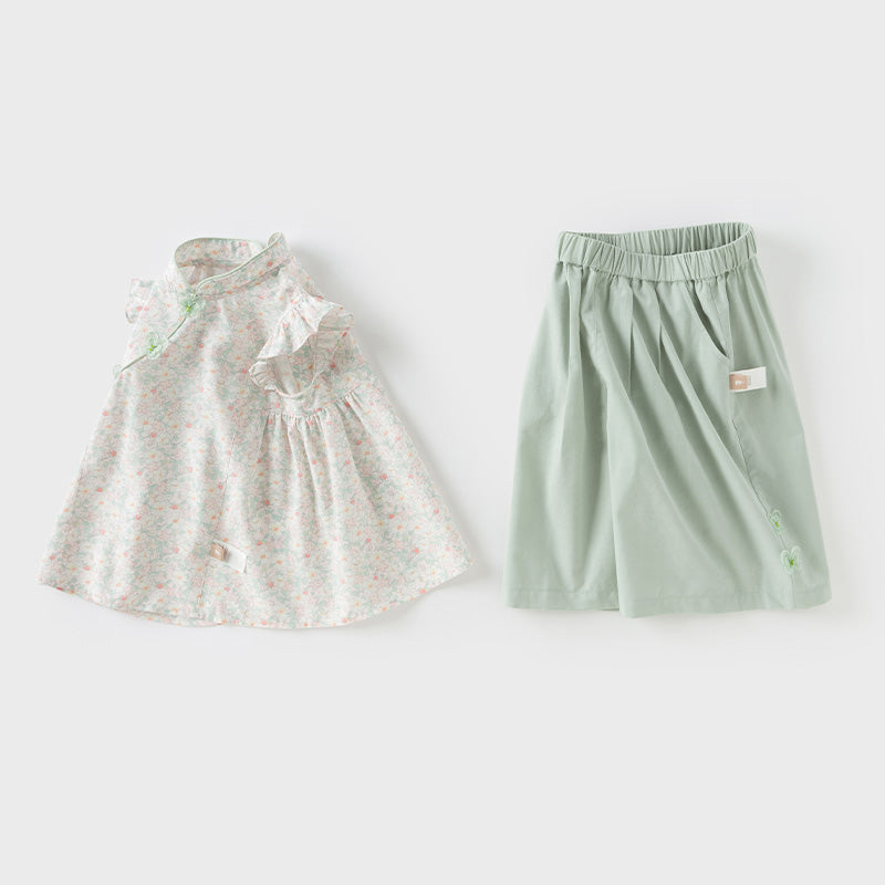 Dave&Bella Kids Girls Summer Green Floral Print Classic Chinese-style T-shirt Pant Sets