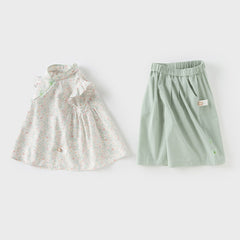 Dave&Bella Kids Girls Summer Green Floral Print Classic Chinese-style T-shirt Pant Sets