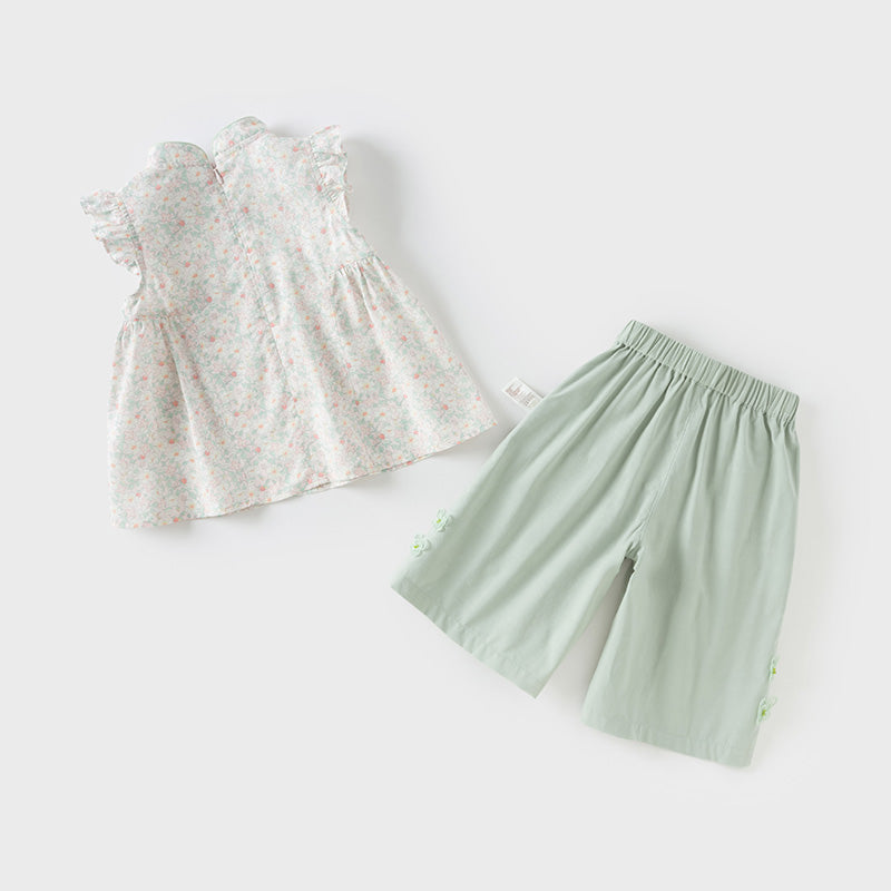 Dave&Bella Kids Girls Summer Green Floral Print Classic Chinese-style T-shirt Pant Sets