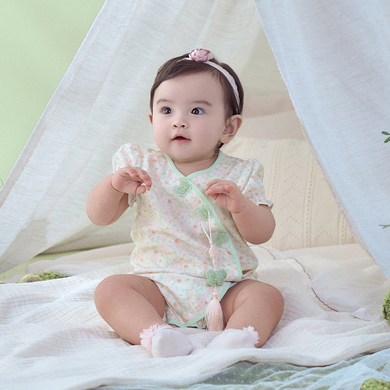 Dave&Bella Baby Girls Summer Green Print Chinese-style Soft Rompers