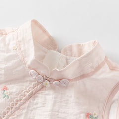 Dave&Bella Girls Summer Pink Classical Sleeveless Top Chinese Style Half Mesh Skirt Set