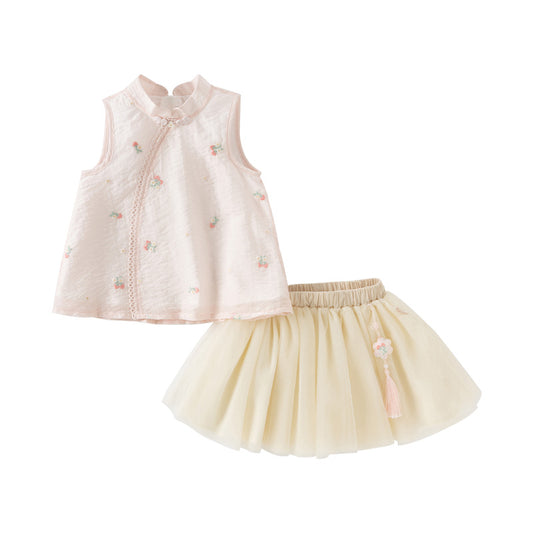 Dave&Bella Girls Summer Pink Classical Sleeveless Top Chinese Style Half Mesh Skirt Set