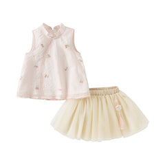 Dave&Bella Girls Summer Pink Classical Sleeveless Top Chinese Style Half Mesh Skirt Set