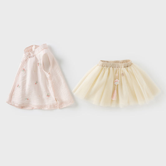 Dave&Bella Girls Summer Pink Classical Sleeveless Top Chinese Style Half Mesh Skirt Set