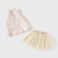 Dave&Bella Girls Summer Pink Classical Sleeveless Top Chinese Style Half Mesh Skirt Set