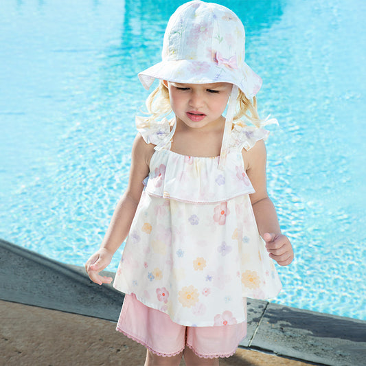 Dave&Bella Girls Summer Adorable Cotton White Floral Halter Top Short Pant Set