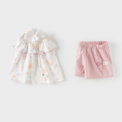 Dave&Bella Girls Summer Adorable Cotton White Floral Halter Top Short Pant Set