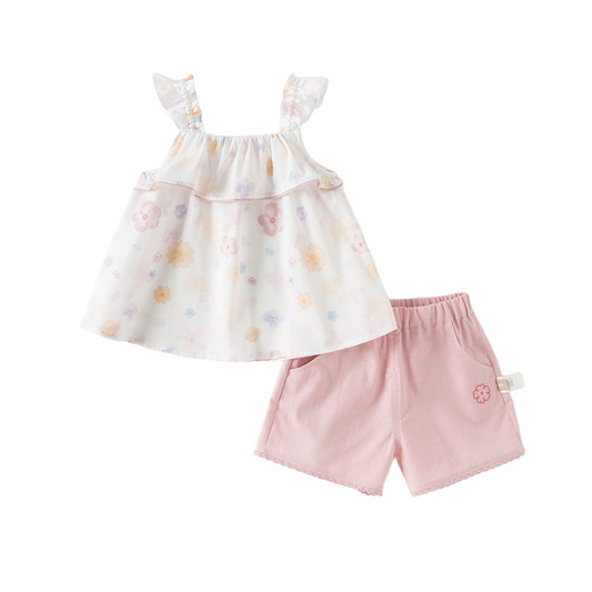 Dave&Bella Girls Summer Adorable Cotton White Floral Halter Top Short Pant Set